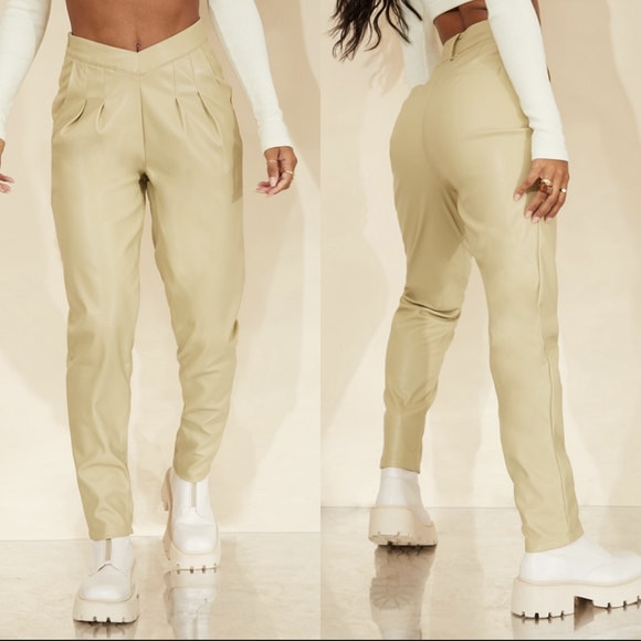 PrettyLittleThing Faux Leather Cream Pnats - Picture 1 of 10